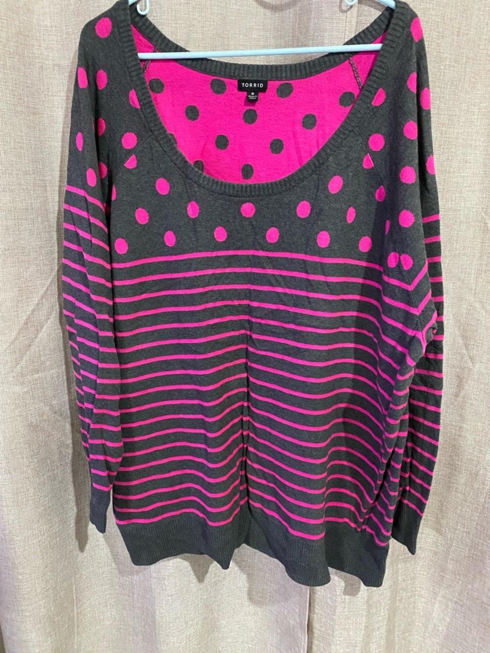 torrid Hot Pink & Charcoal Polka Dot Stripe Scoop Neck sweatshirt